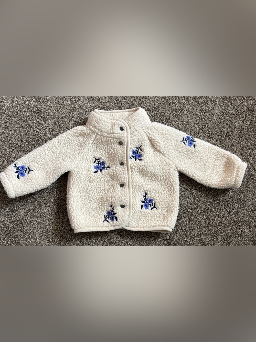 Old Navy Cream Sherpa Jacket with Blue Embroidered Flowers